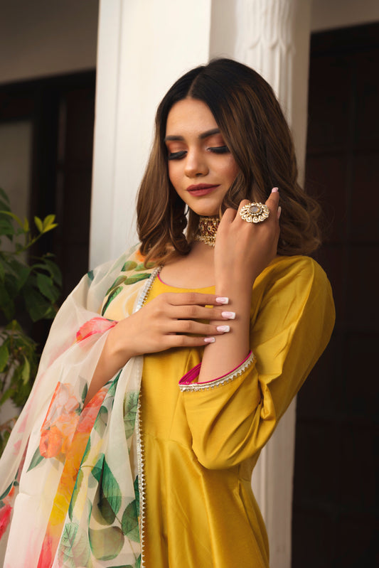 Pomcha Jaipur Sunflower Cotton Silk Yellow Anarkali | Swadesiicart