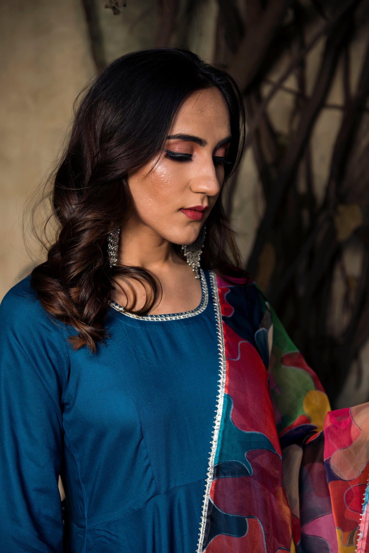 Pomcha Jaipur Lily Blue Rayon Anarkali | Swadesiicart