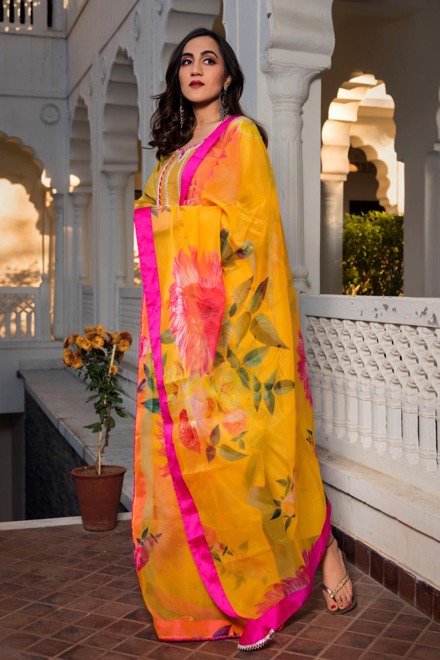Pomcha Jaipur Yellow Cotton Silk Kurta Set | Swadesiicart