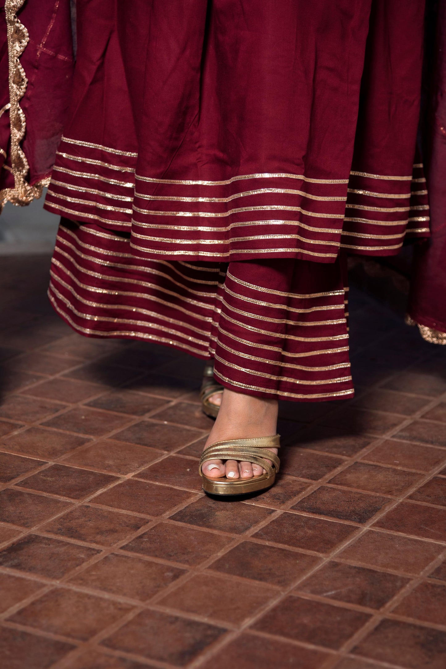 Pomcha Jaipur Gotta Jaal Maroon Cotton Anarkali | Swadesiicart