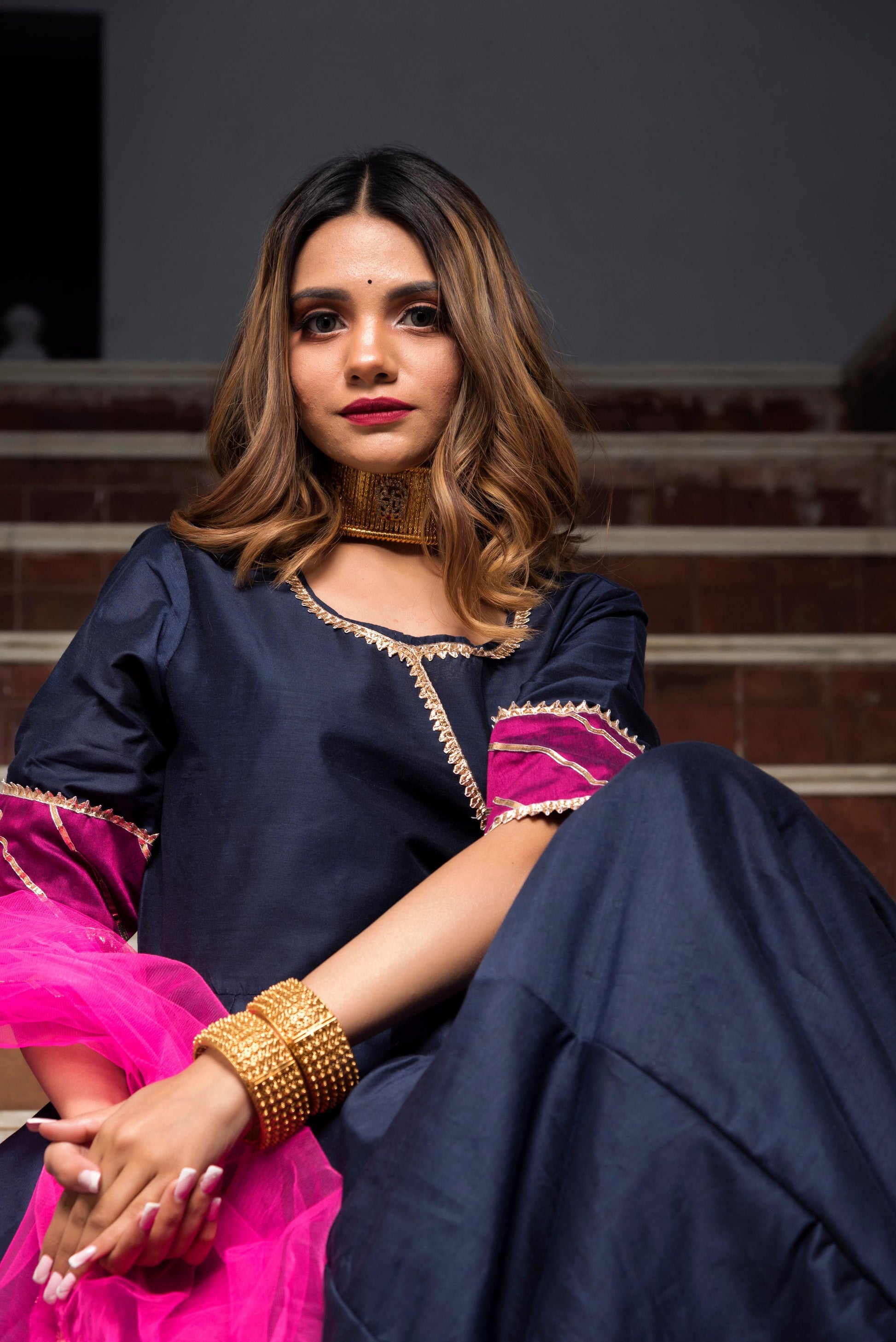 Pomcha Jaipur Royal Blue Rani Pink Cotton Silk Angrakha | Swadesiicart