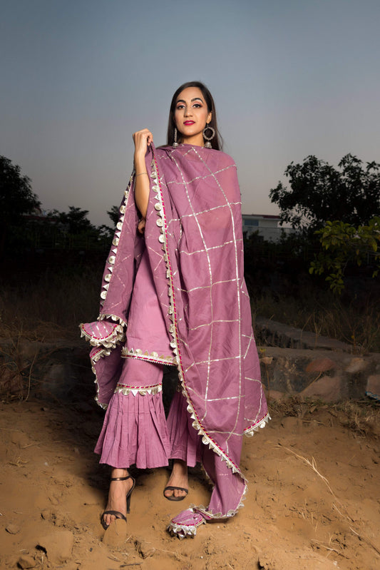 Pomcha Jaipur Gotta Jaal Purple Cotton Sharara Set | Swadesiicart