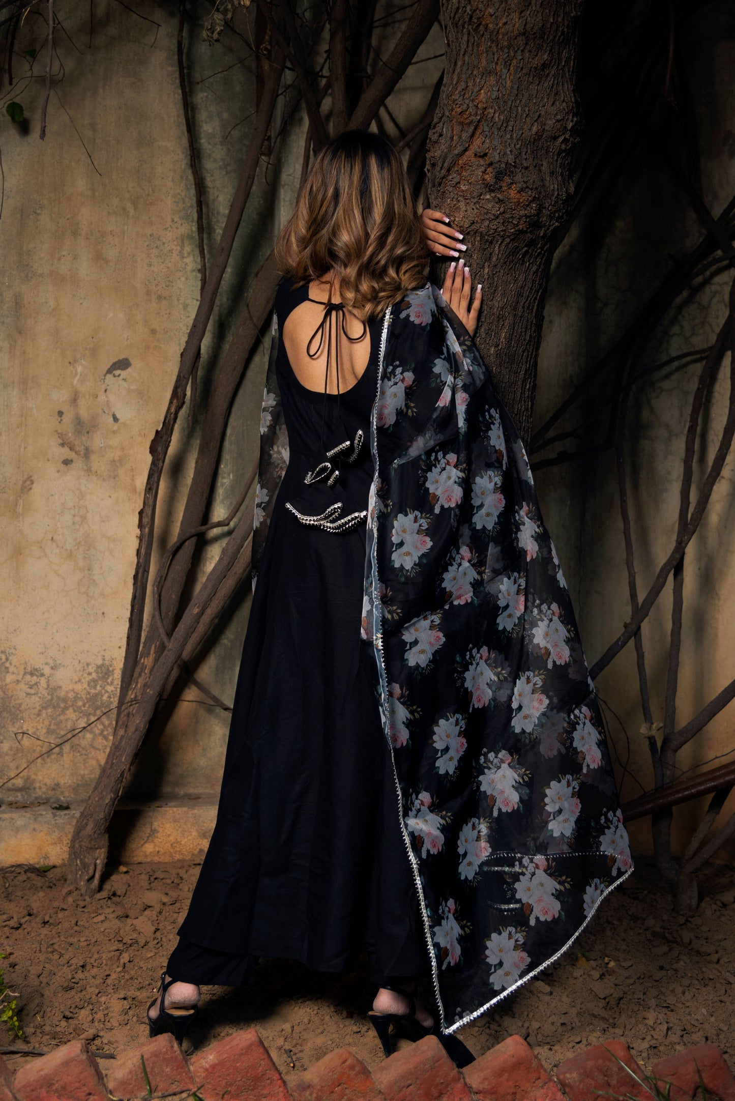 Pomcha Jaipur Tea Leaf Black Rayon Anarkali | Swadesiicart