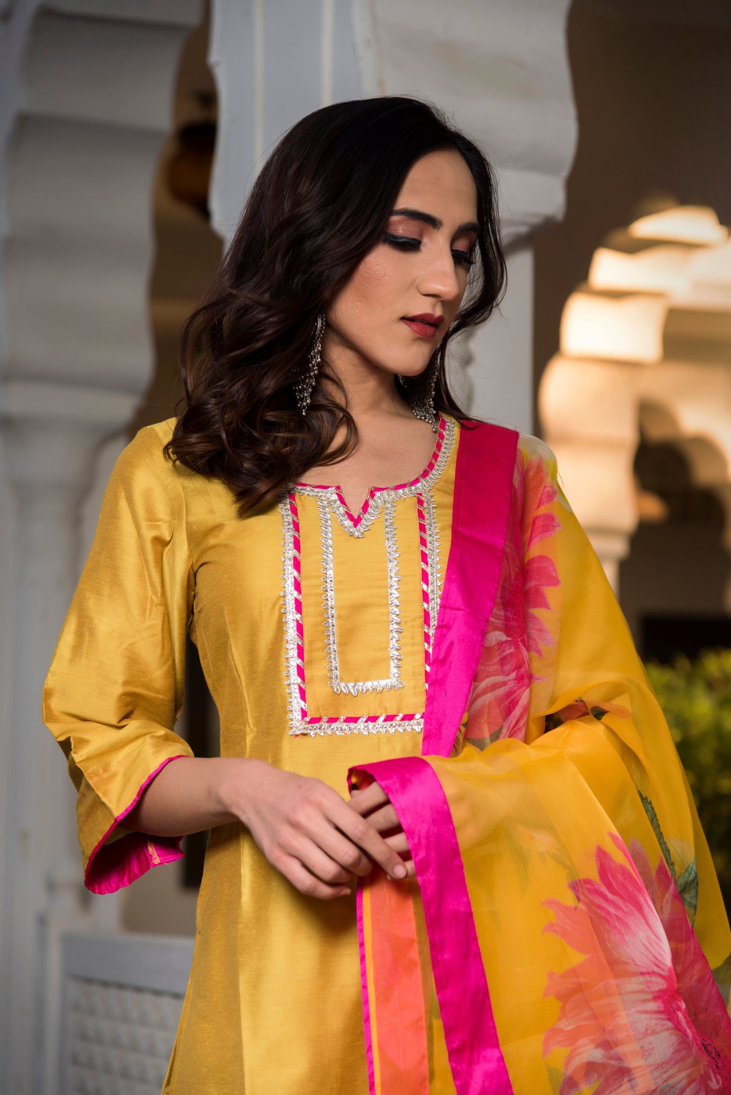 Pomcha Jaipur Yellow Cotton Silk Kurta Set | Swadesiicart