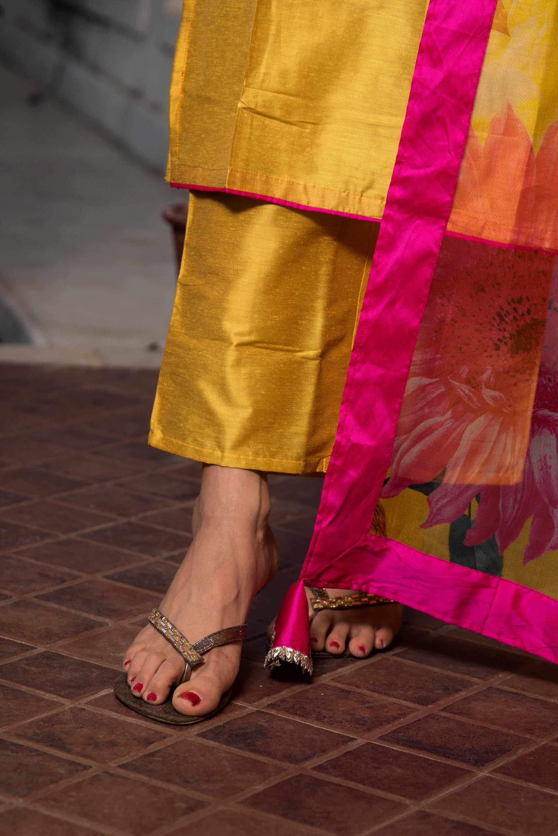 Pomcha Jaipur Yellow Cotton Silk Kurta Set | Swadesiicart