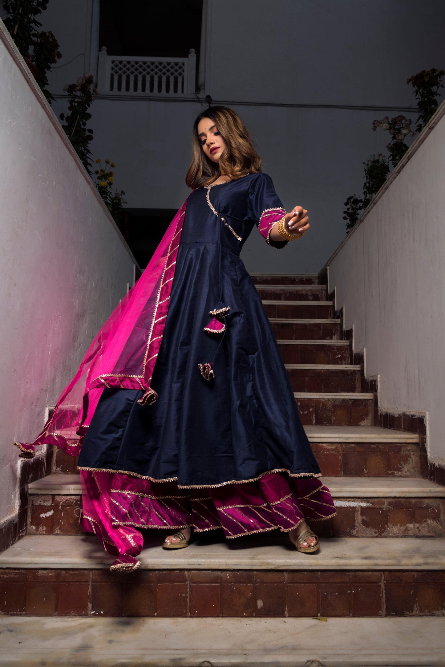 Pomcha Jaipur Royal Blue Rani Pink Cotton Silk Angrakha | Swadesiicart