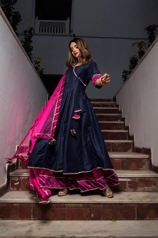 Pomcha Jaipur Royal Blue Rani Pink Cotton Silk Angrakha | Swadesiicart