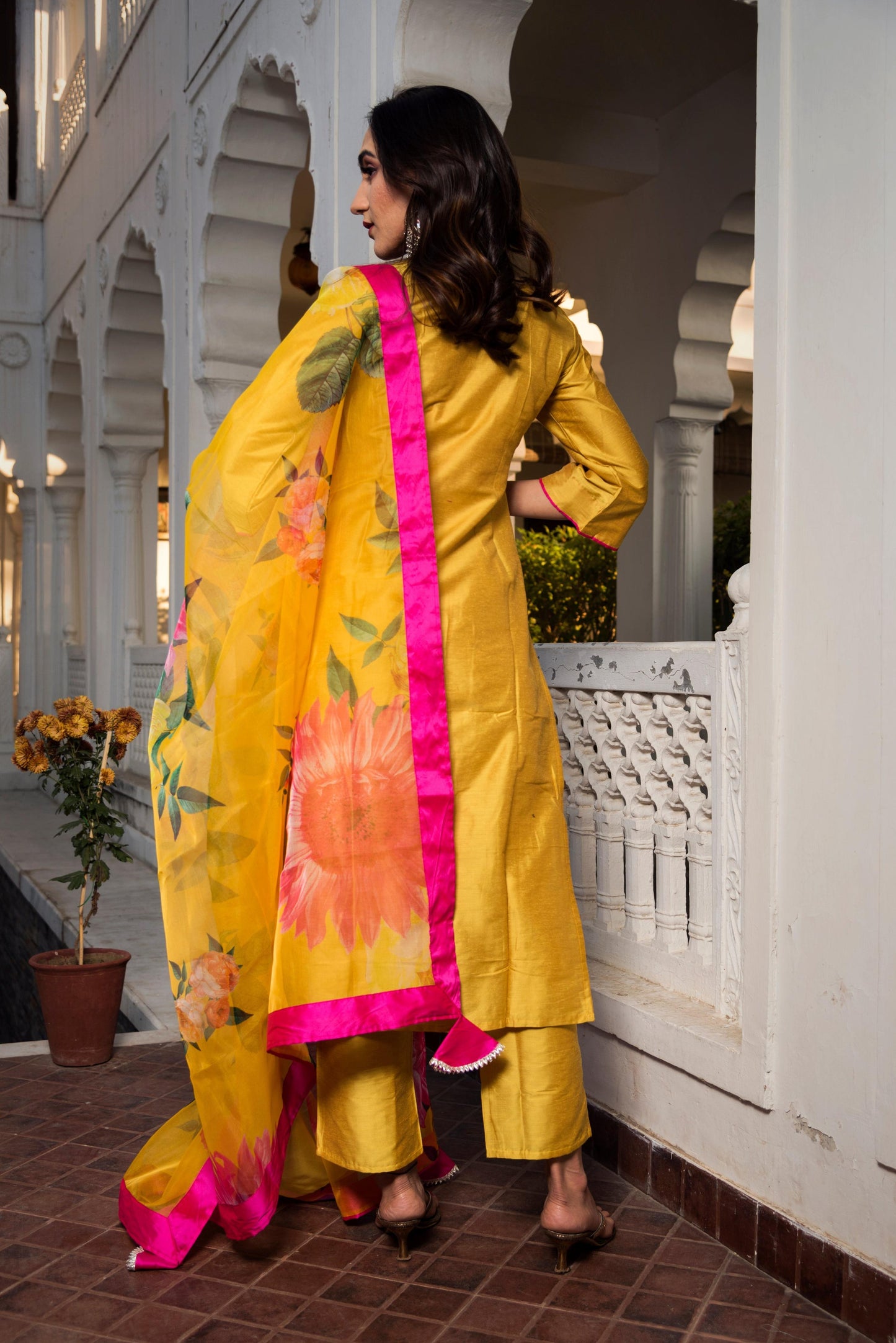 Pomcha Jaipur Yellow Cotton Silk Kurta Set | Swadesiicart