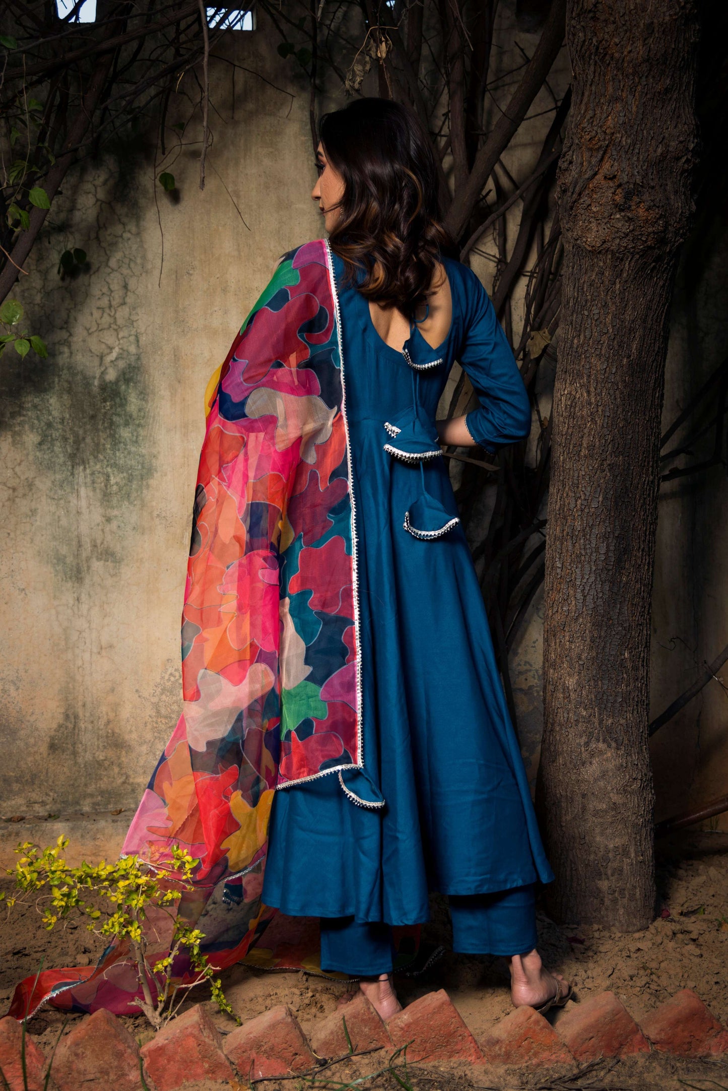Pomcha Jaipur Lily Blue Rayon Anarkali | Swadesiicart