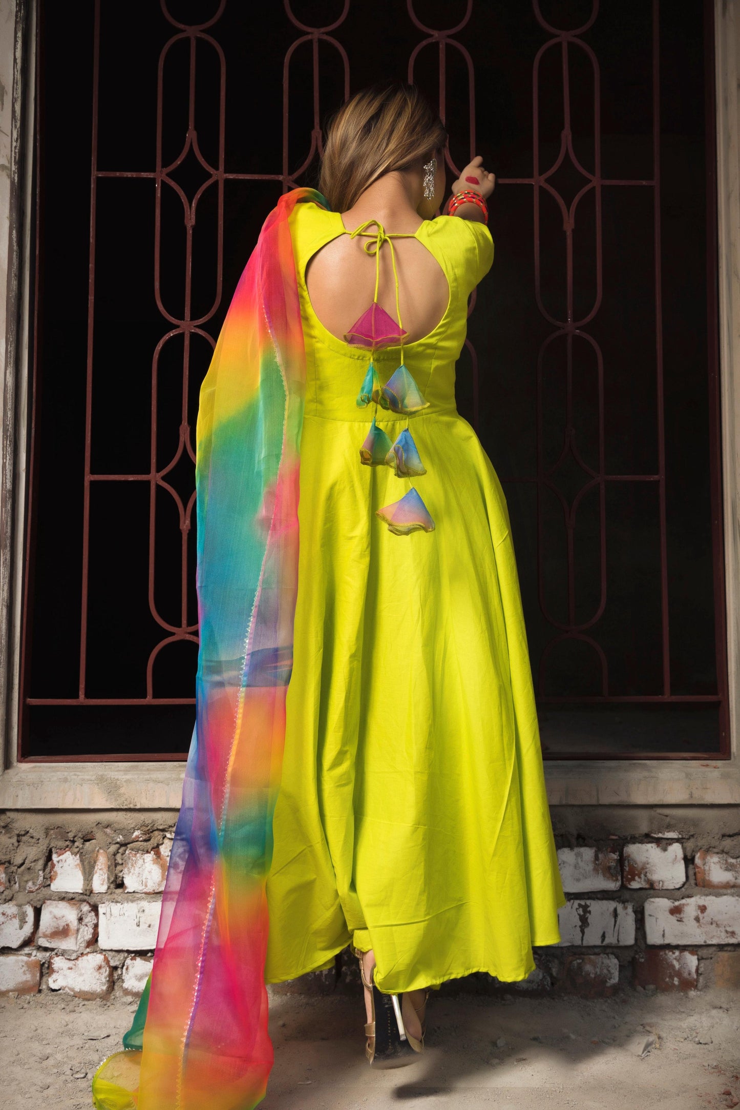 Pomcha Jaipur Gulaal Green Pure Cotton Anarkali Set | Swadesiicart
