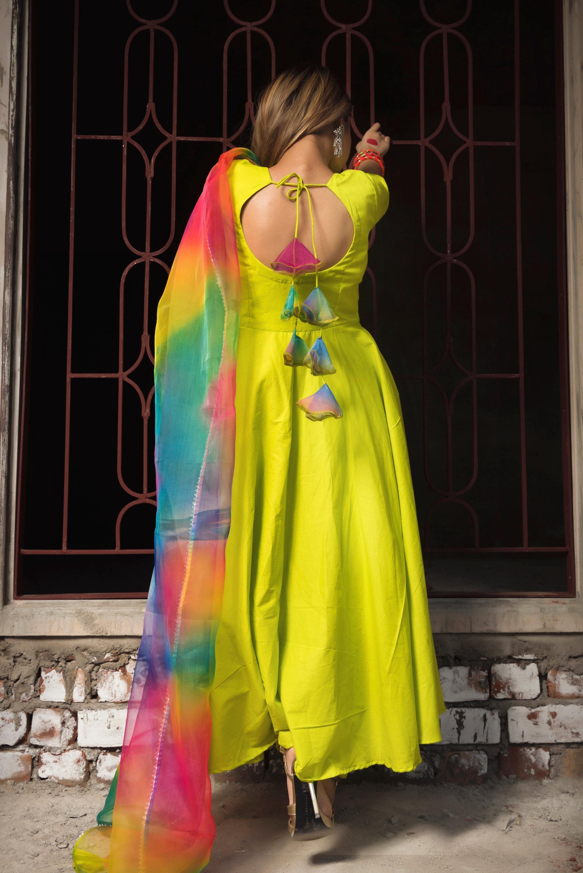 Pomcha Jaipur Gulaal Green Pure Cotton Anarkali Set | Swadesiicart