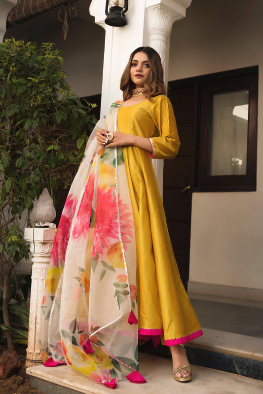 Pomcha Jaipur Sunflower Cotton Silk Yellow Anarkali | Swadesiicart