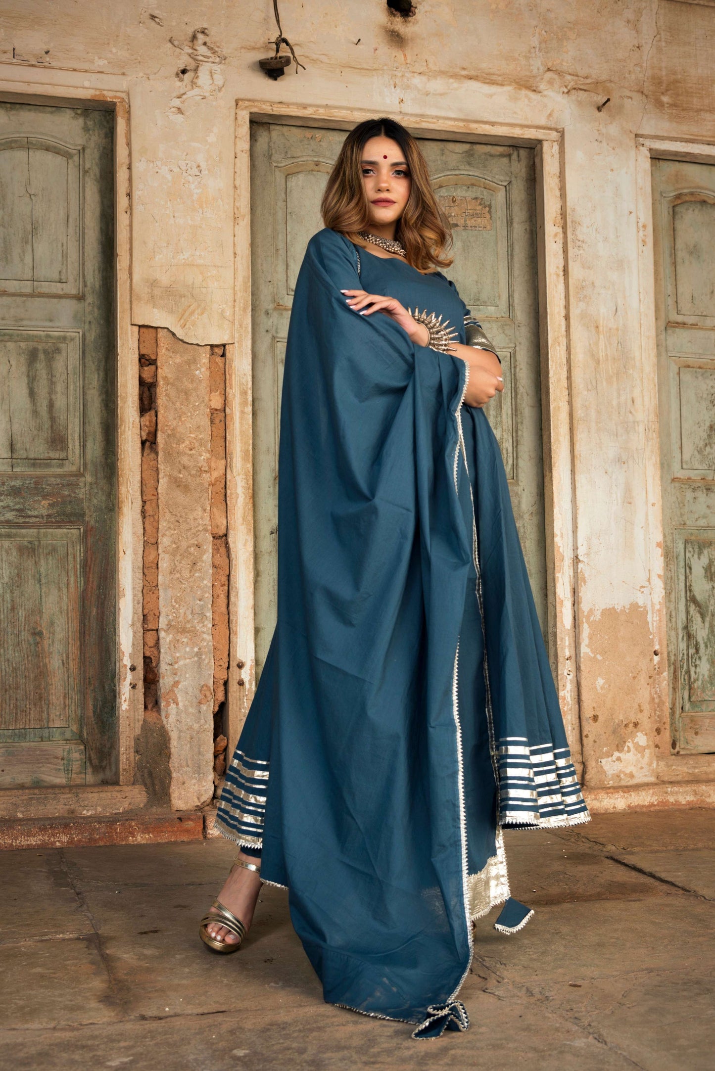 Pomcha Jaipur Berry Spary Cotton Blue Anarkali | Swadesiicart