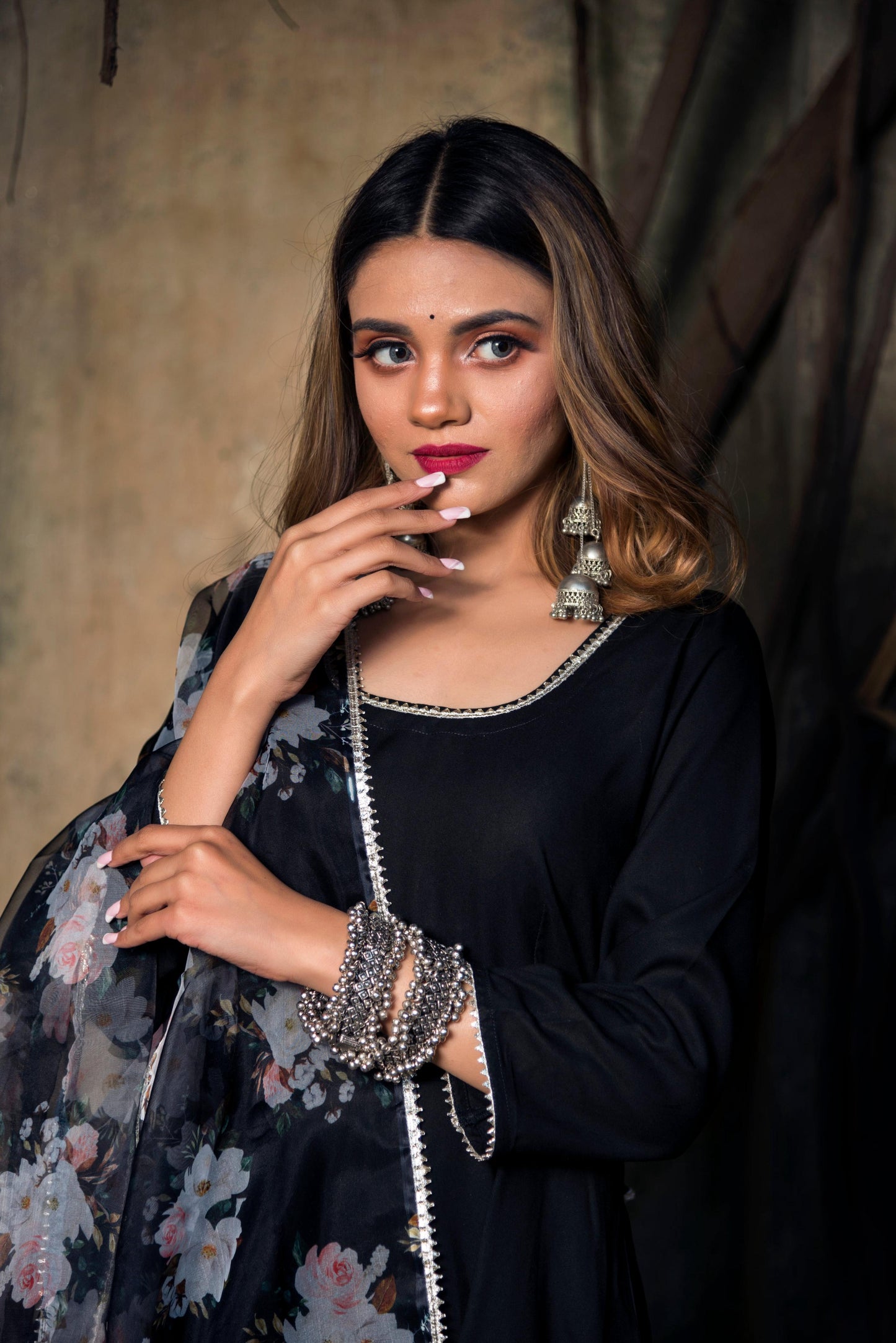 Pomcha Jaipur Tea Leaf Black Rayon Anarkali | Swadesiicart