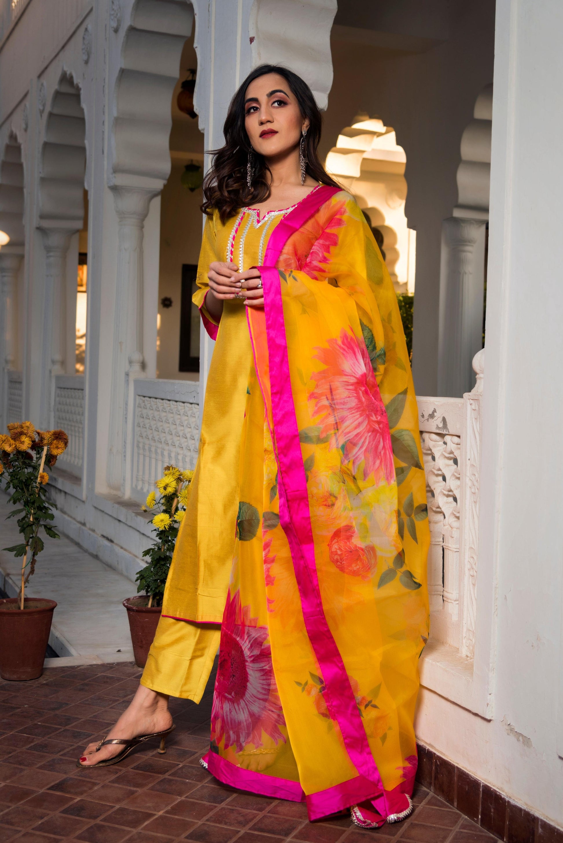 Pomcha Jaipur Yellow Cotton Silk Kurta Set | Swadesiicart