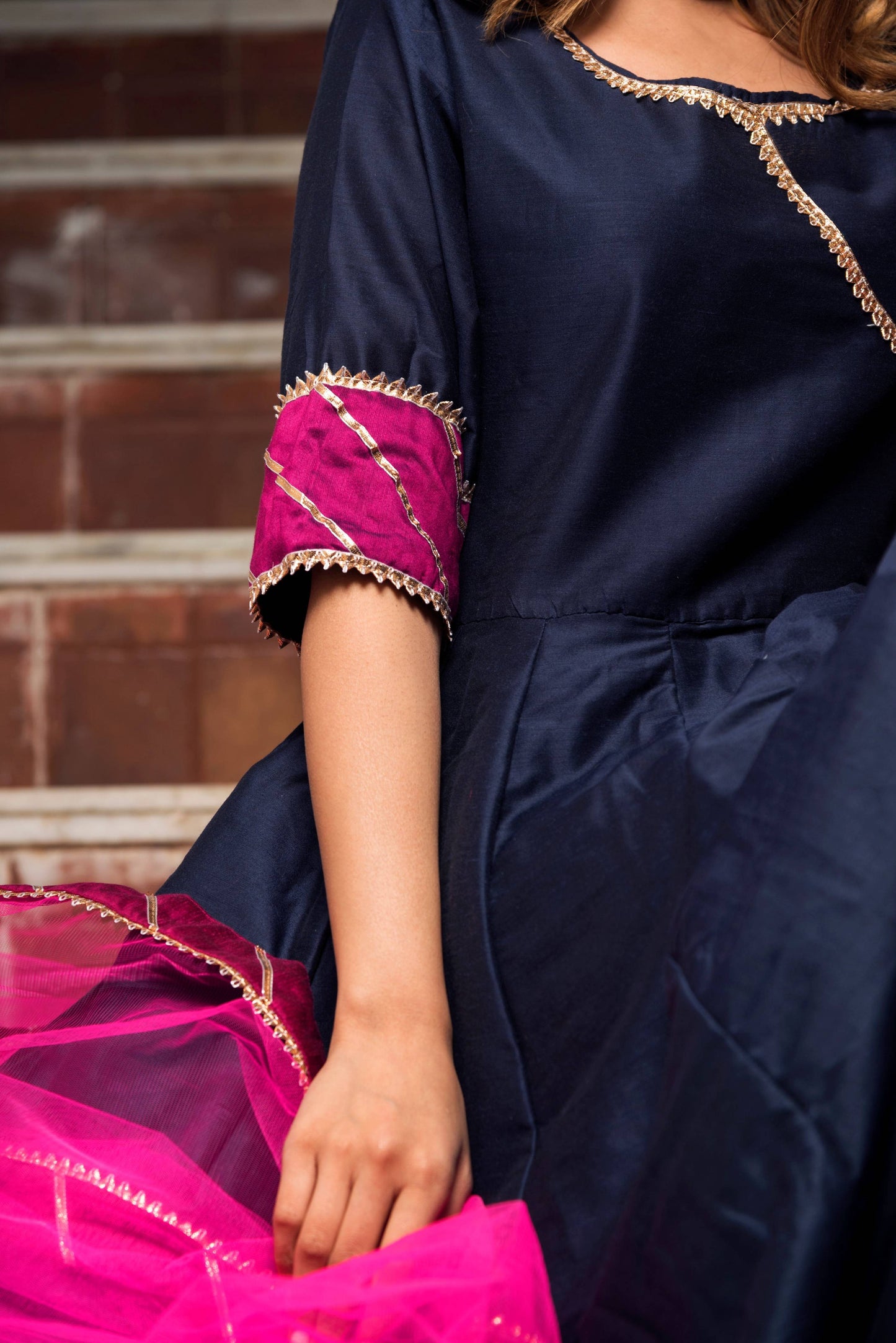 Pomcha Jaipur Royal Blue Rani Pink Cotton Silk Angrakha | Swadesiicart