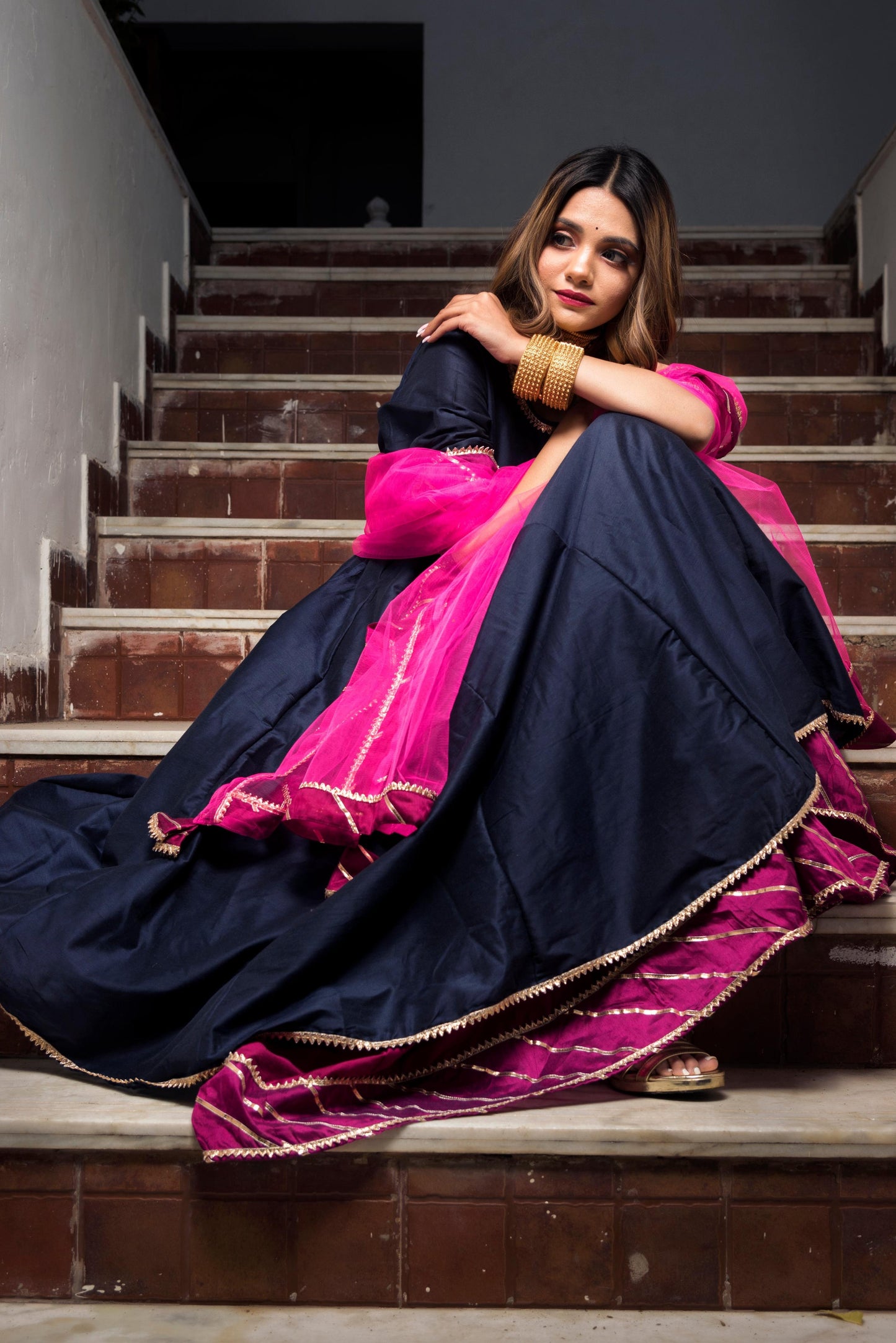 Pomcha Jaipur Royal Blue Rani Pink Cotton Silk Angrakha | Swadesiicart