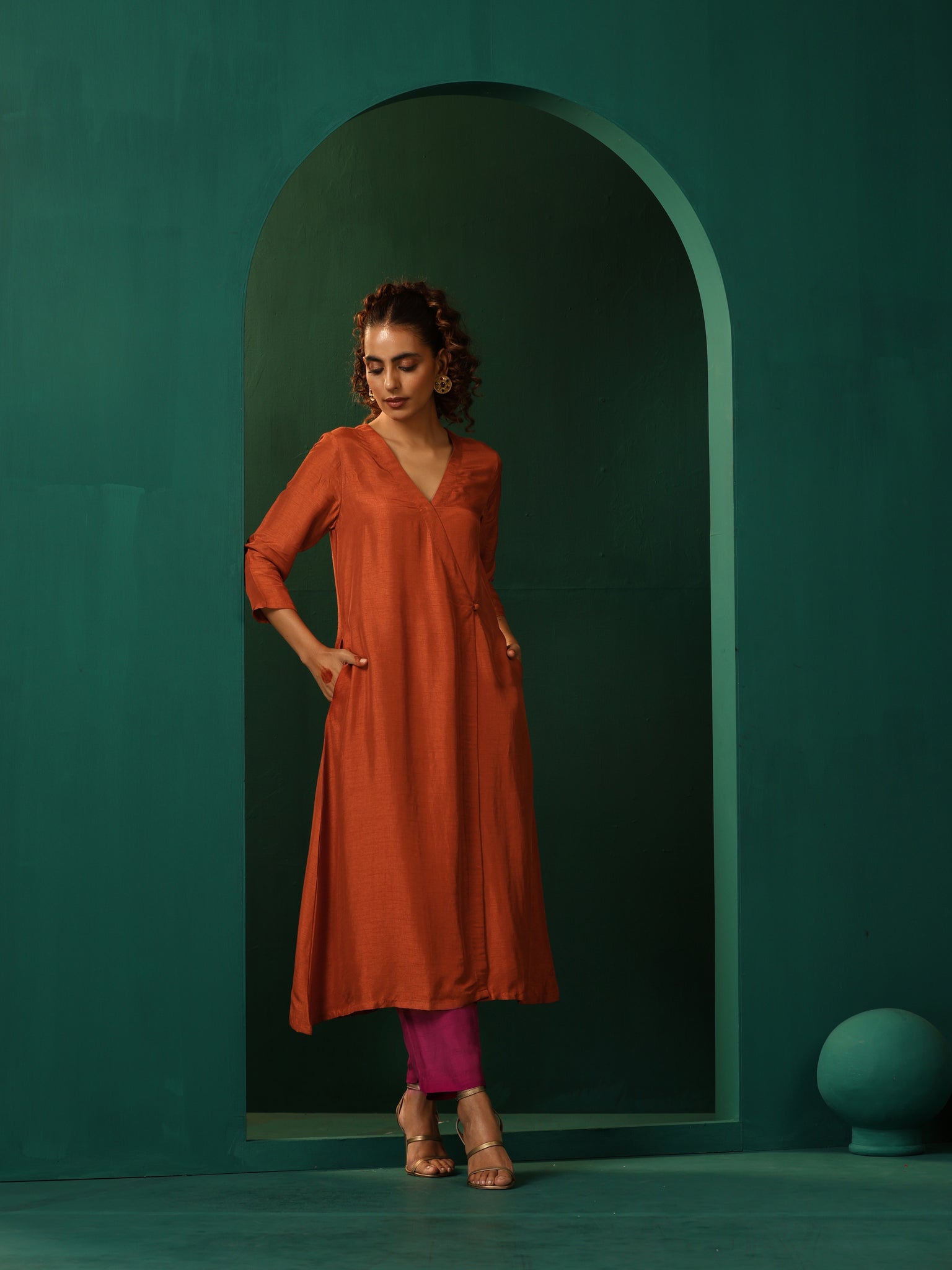 trueBrowns Rust Silk Angrakha Kurta Pant Set | Swadesiicart