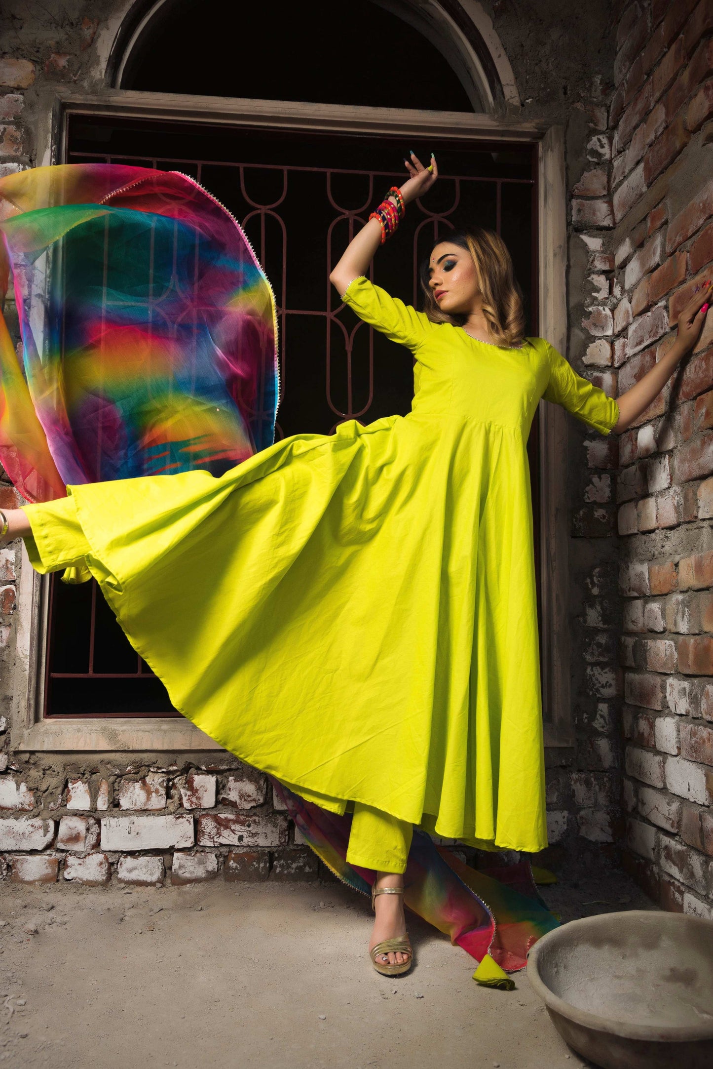 Pomcha Jaipur Gulaal Green Pure Cotton Anarkali Set | Swadesiicart