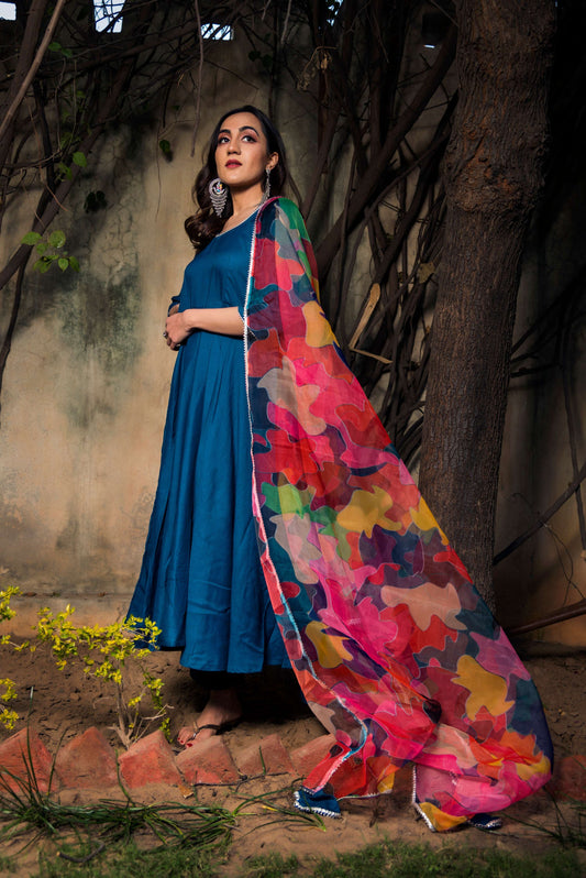 Pomcha Jaipur Lily Blue Rayon Anarkali | Swadesiicart