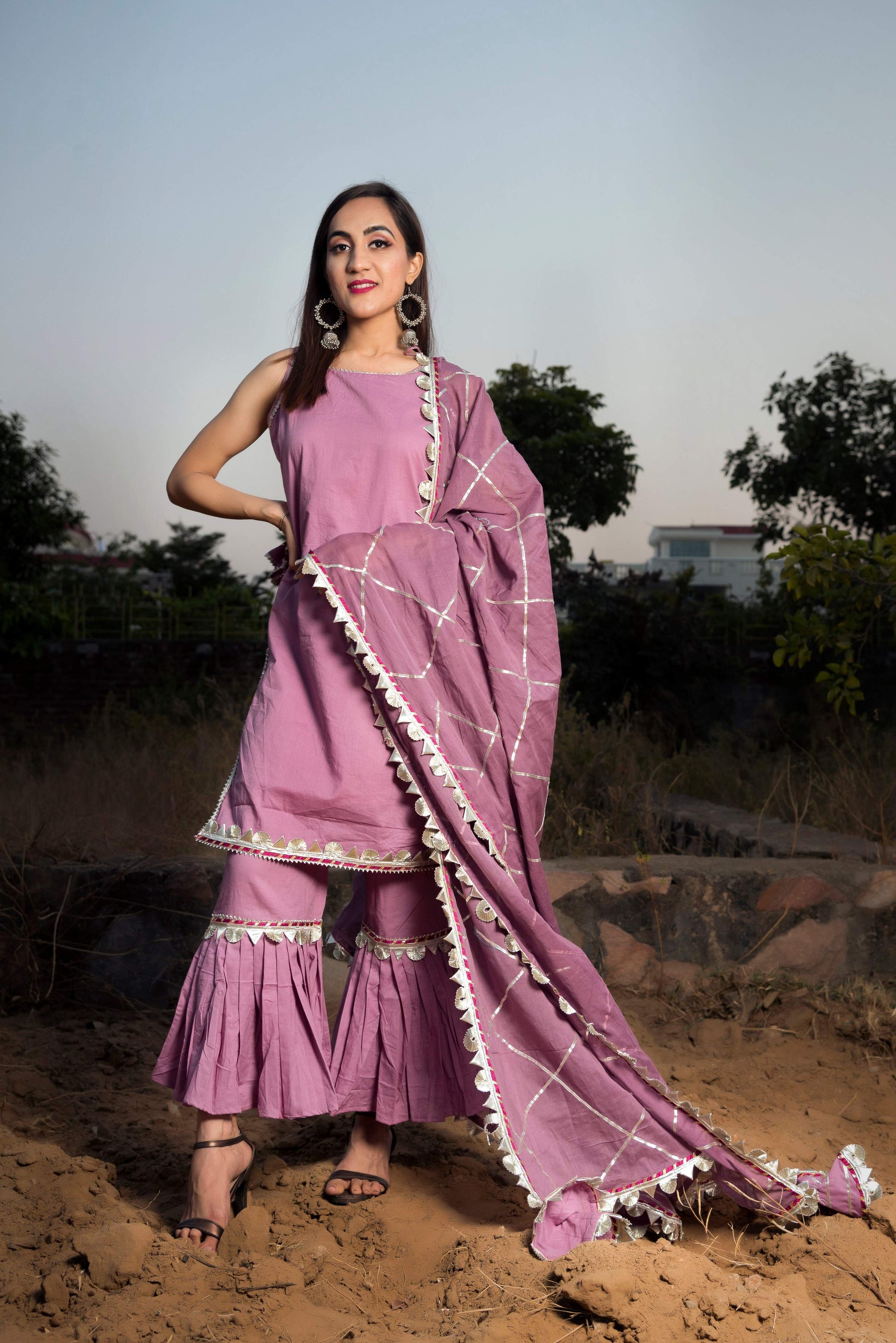 Pomcha Jaipur Gotta Jaal Purple Cotton Sharara Set | Swadesiicart