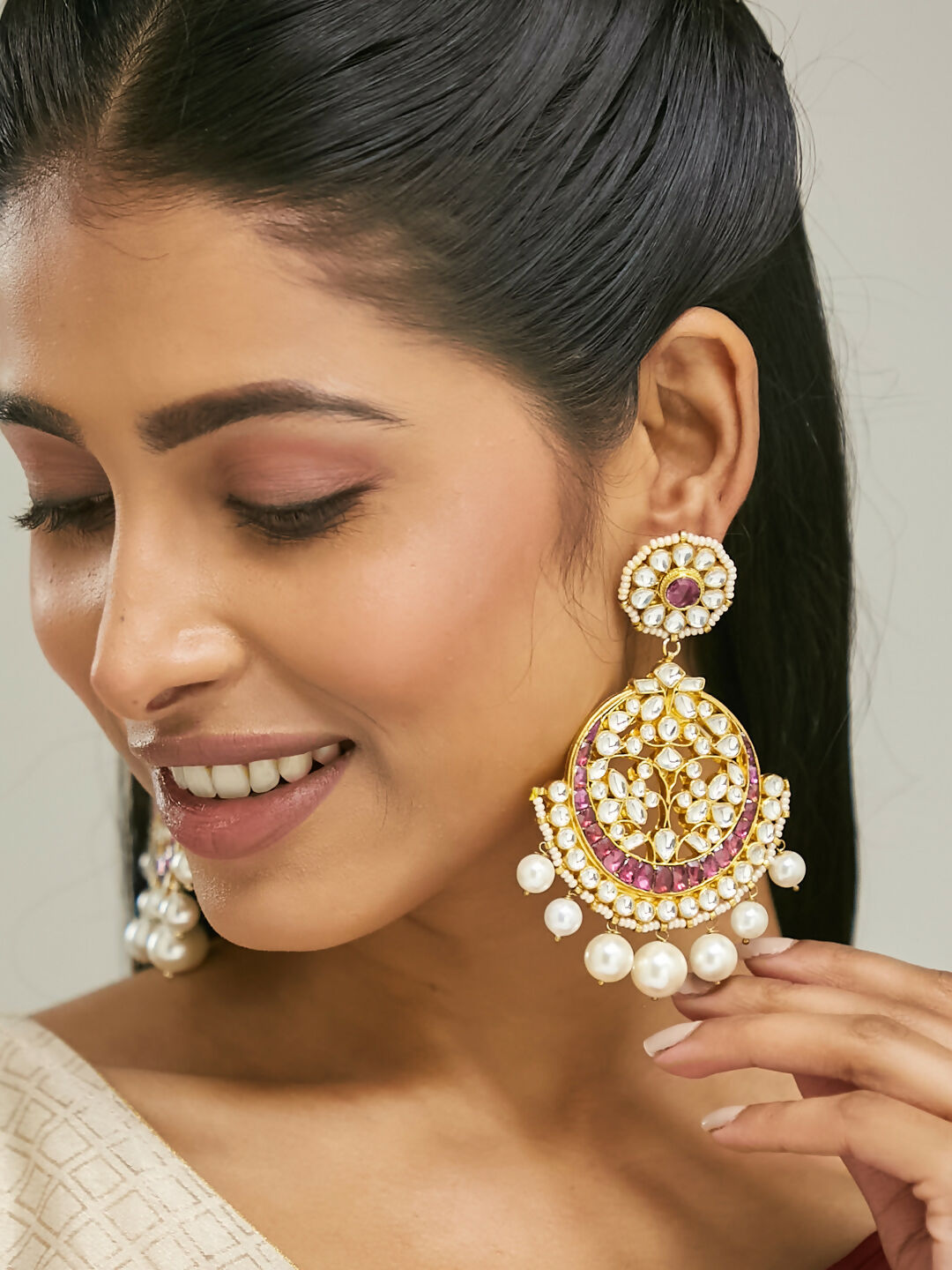 Nuyug 22K Gold-Plated Elegant Ruby & Kundan Stone Studded With Pearl Beaded Floral Chandbalis | Swadesiicart