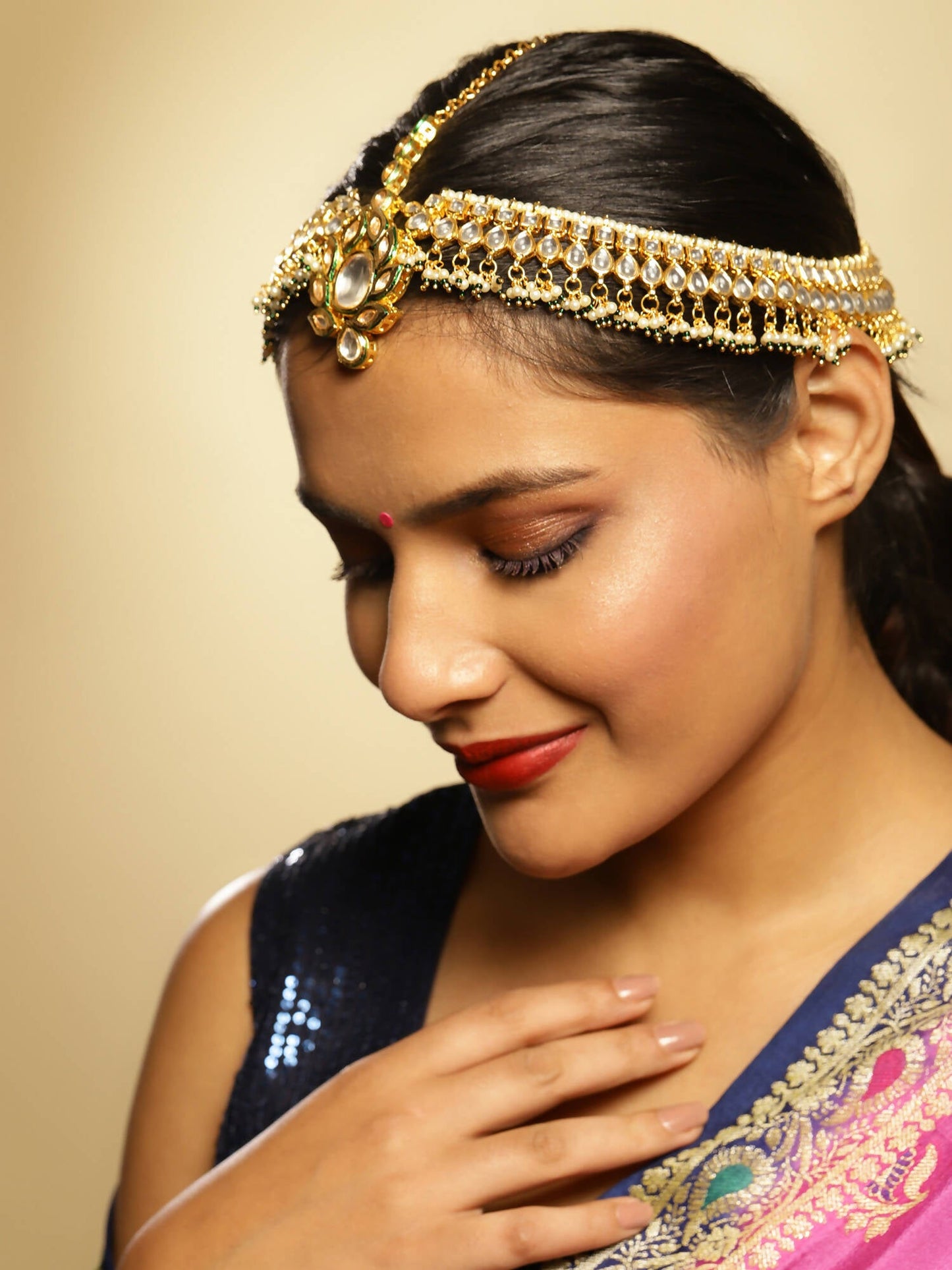 Gold-Polished Green White Kundan-Studded Beaded Matha Patti - Ruby Raang | Swadesiicart