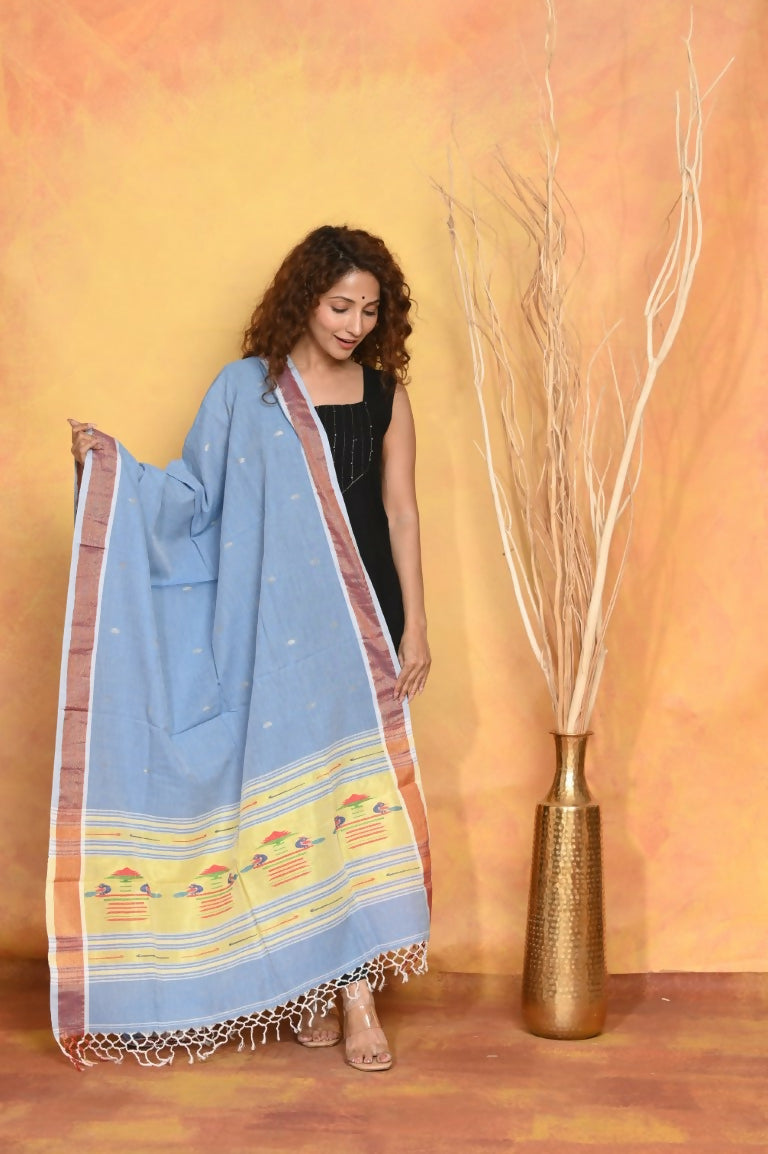 Very Much Indian Handloom Pure Cotton Paithani Dupatta - Powder Blue | Swadesiicart