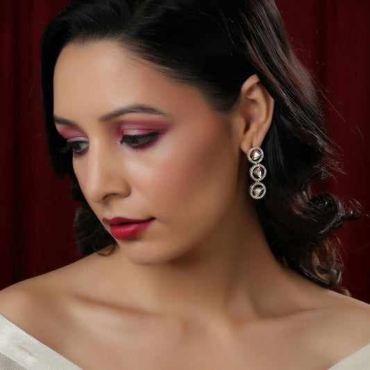 3 Tier Round Diamond and Kundan Earrings (Gold) - Ruby Raang - Ruby Raang Studio