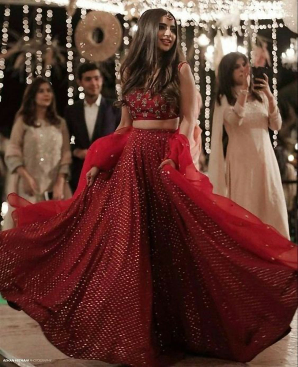 Jyoti Fashion Gorgeous Gajri Red 5MM Ton To Ton Red Thread Embroidery Faux Georgette Lehenga Choli with Dupatta | Swadesiicart