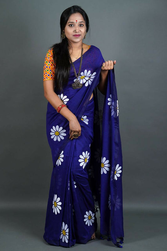 Exclusive Collection Navy Blue Pure Cotton Saree With Sunflower Design - Swadesiicart
