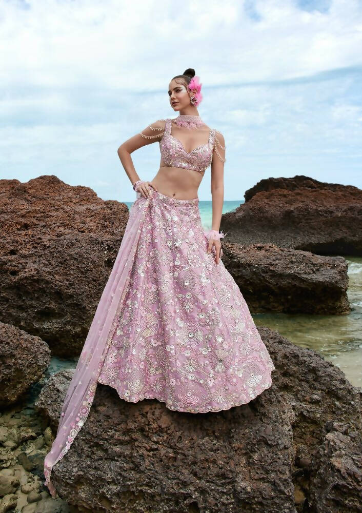 House of Panchhi Mauve Organza Sequins, Zarkan And Thread Embroidery Lehenga Choli & Dupatta | Swadesiicart
