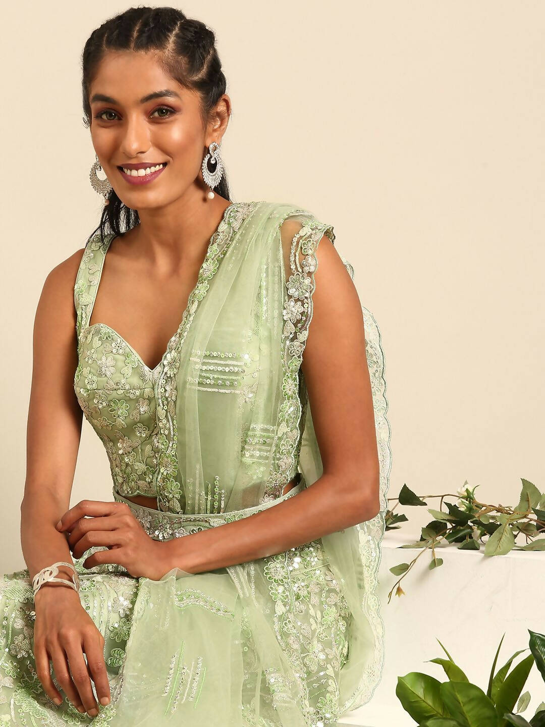 House of Panchhi Lime Green Net Sequins and Zarkan embroidery Lehenga choli & Dupatta | Swadesiicart