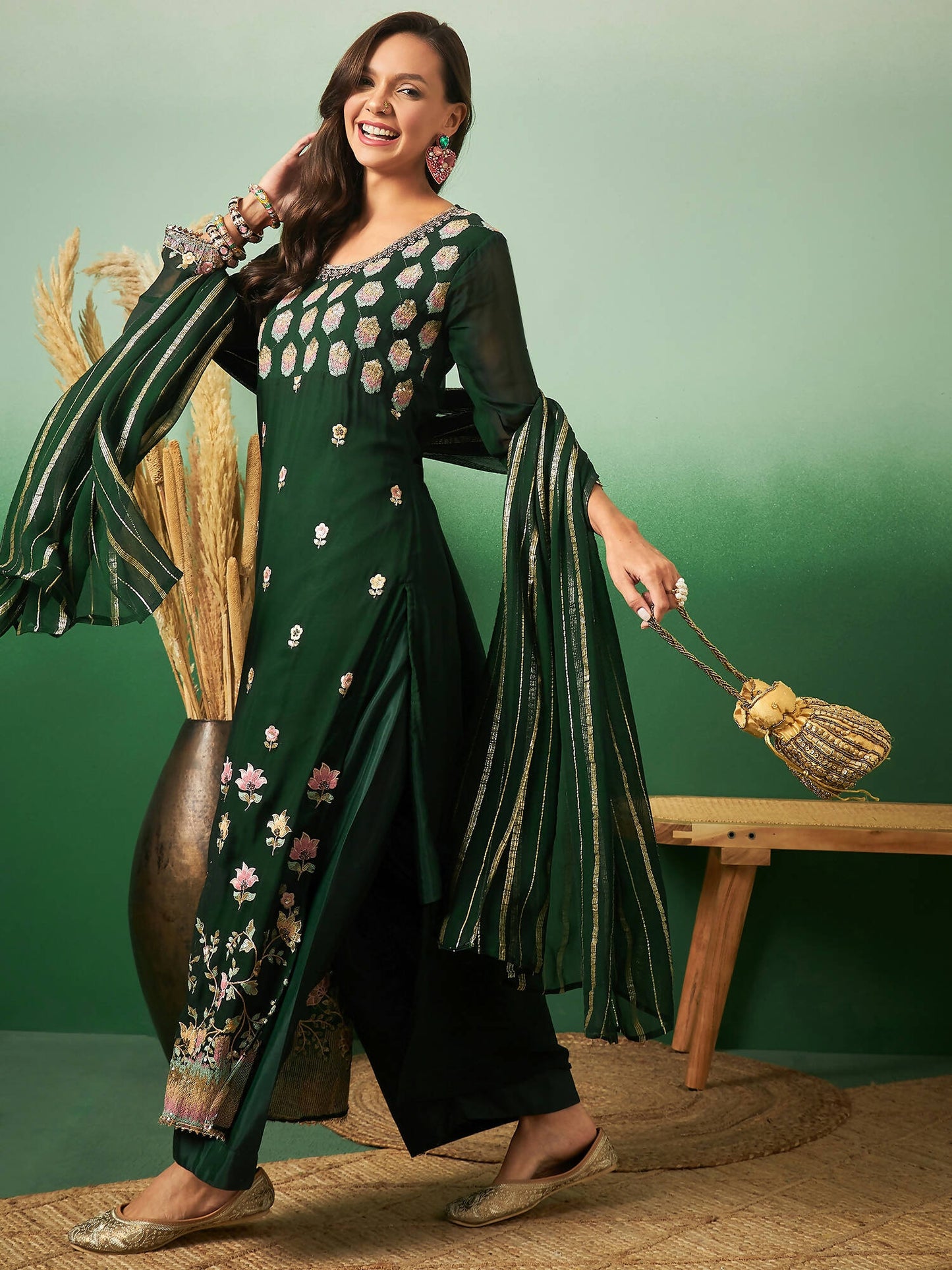 Green Georgette Handwork Unstitched Dress Material - Hanika | Swadesiicart