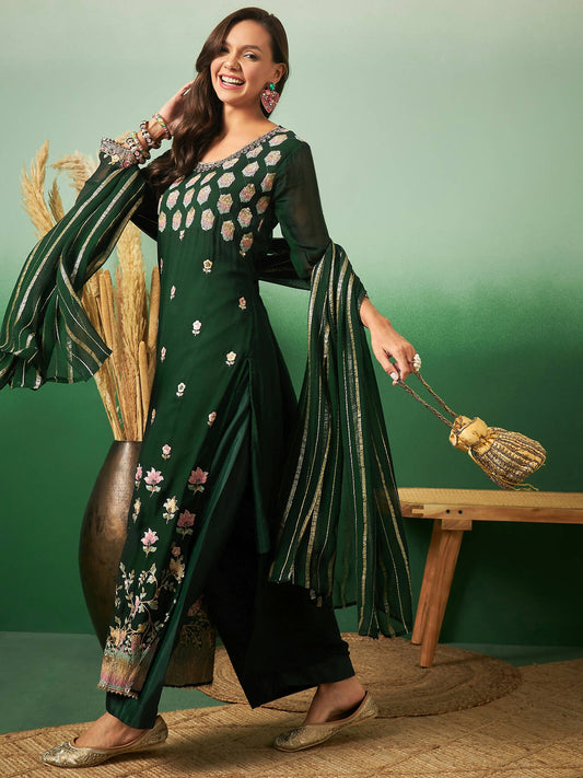 Green Georgette Handwork Unstitched Dress Material - Hanika | Swadesiicart