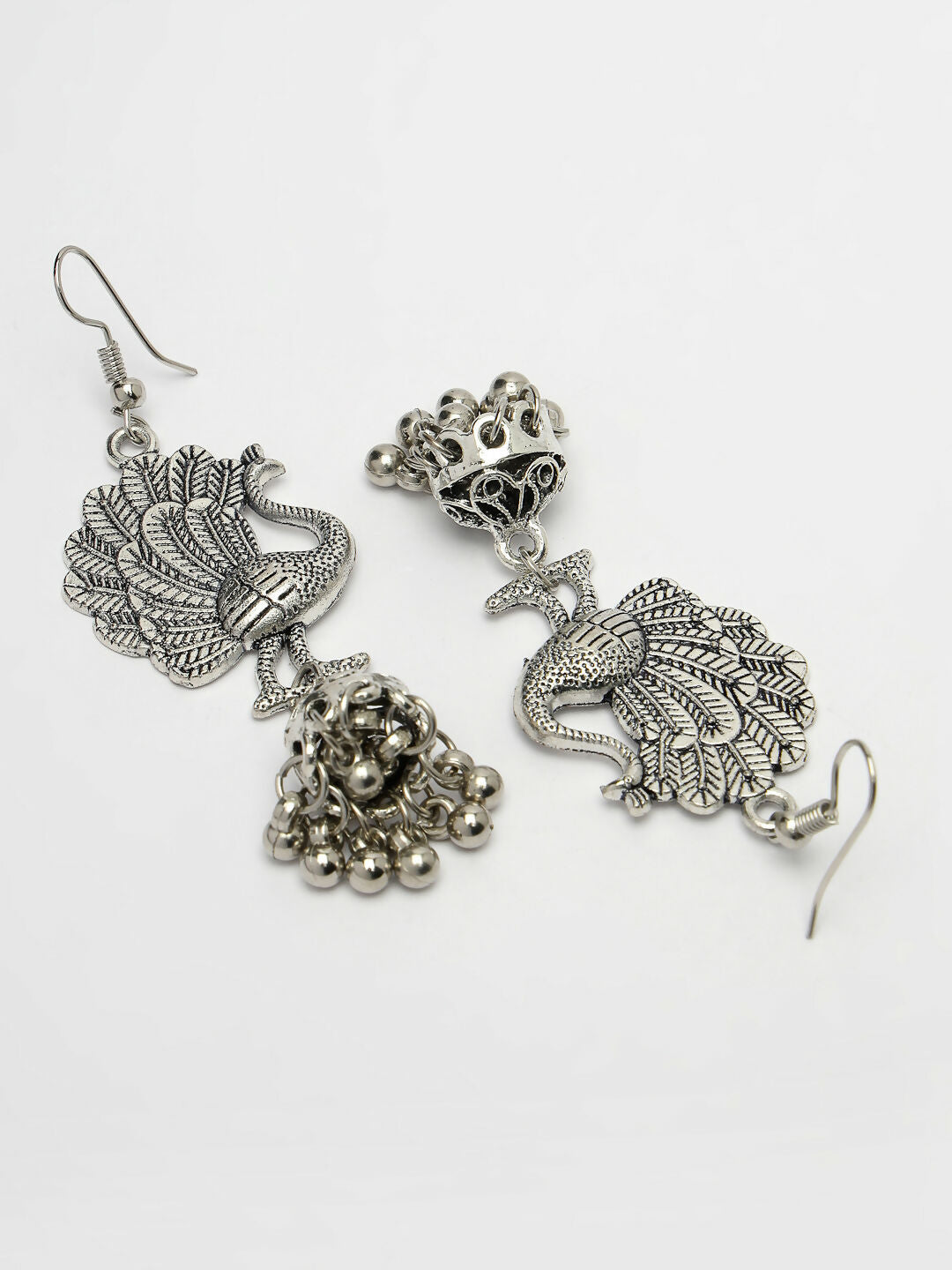 NVR Women's Silver-Toned Peacock Desing German Silver Oxidised Dome Shaped Jhumka Earrings | Swadesiicart