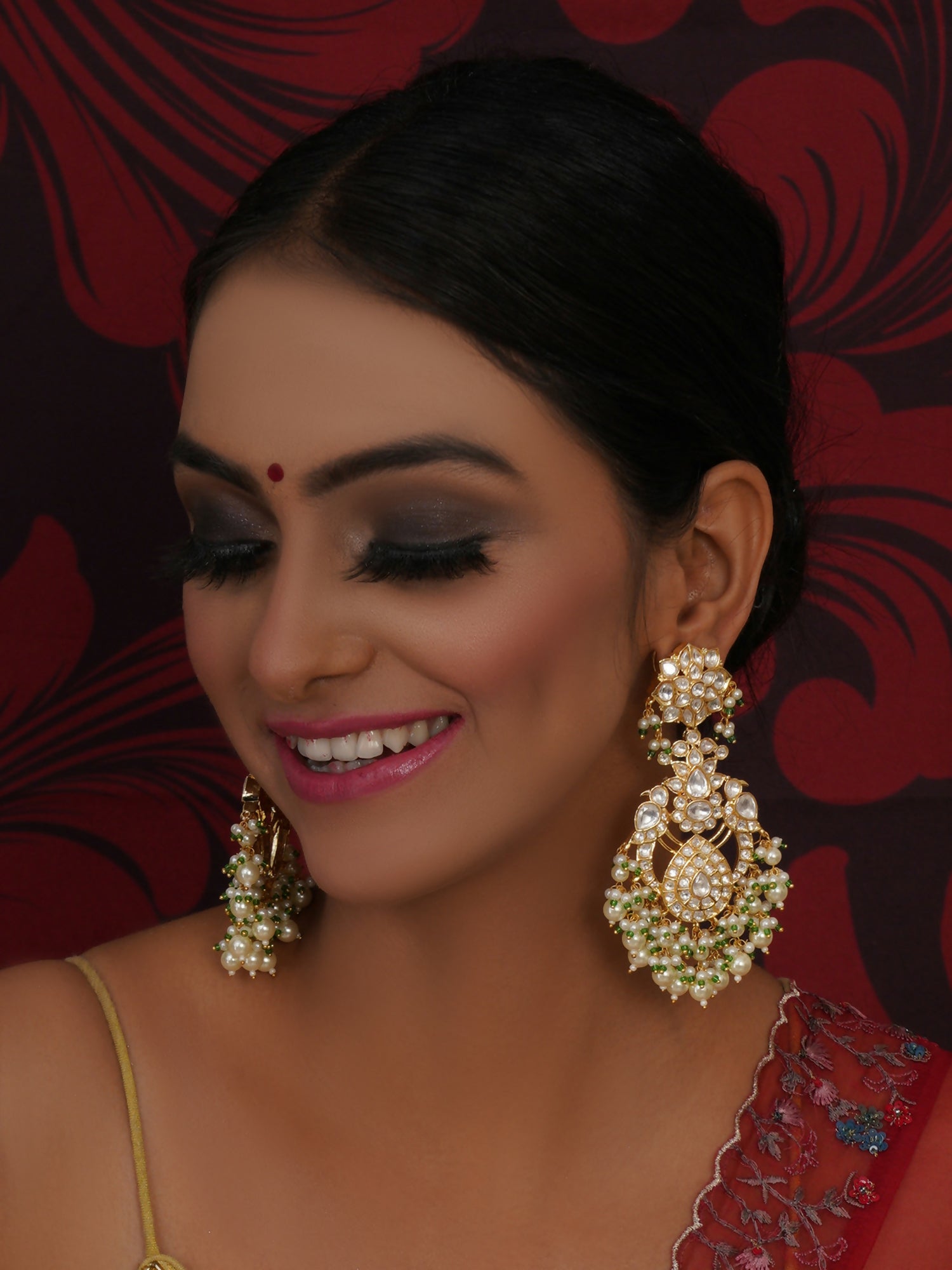 Kundan Chand Earrings (Gold) - Ruby Raang - Ruby Raang Studio