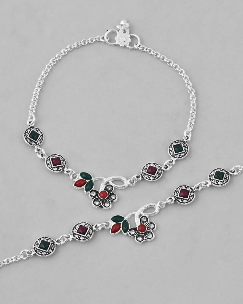 VOJ Set of 2 Traditional Multi Color Stone Studded Designer Anklet - Swadesiicart