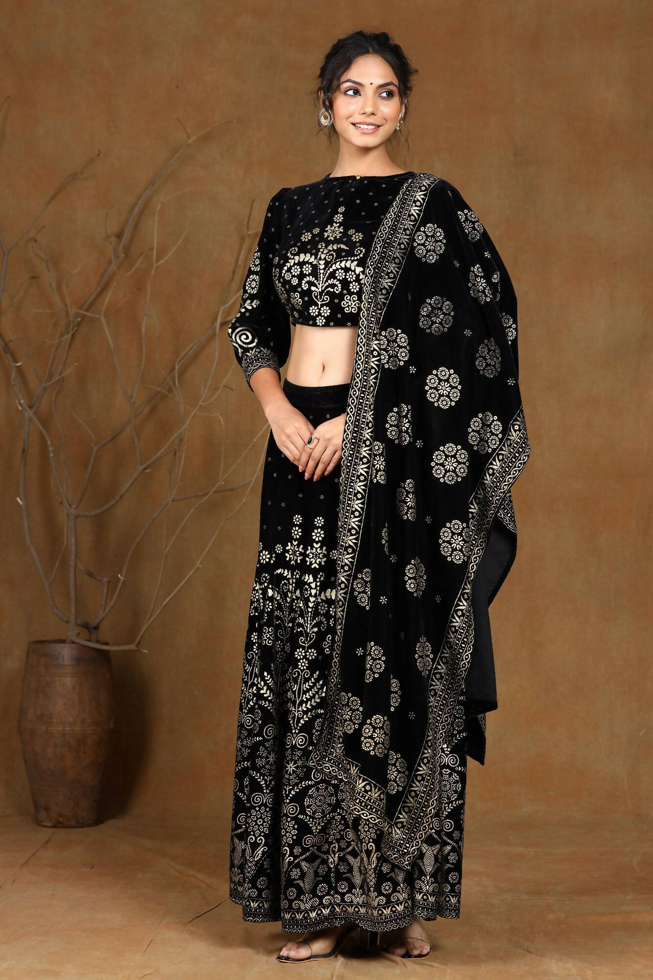 Juniper Women Black Velvet Printed Flared Lehenga Choli Sets | Swadesiicart