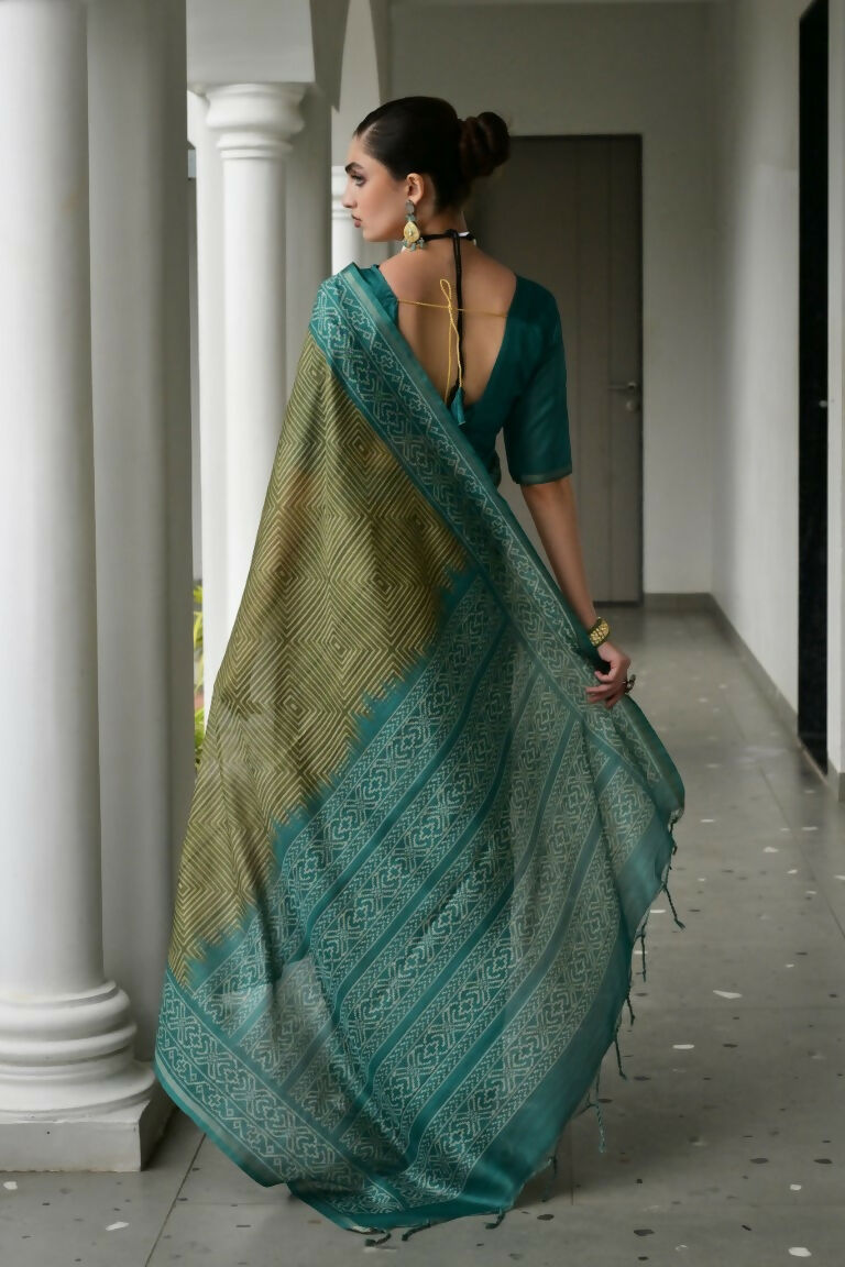 Vishnu Weaves Women's Rama Soft Tussar Silk Printed Saree with Blouse - Swadesiicart