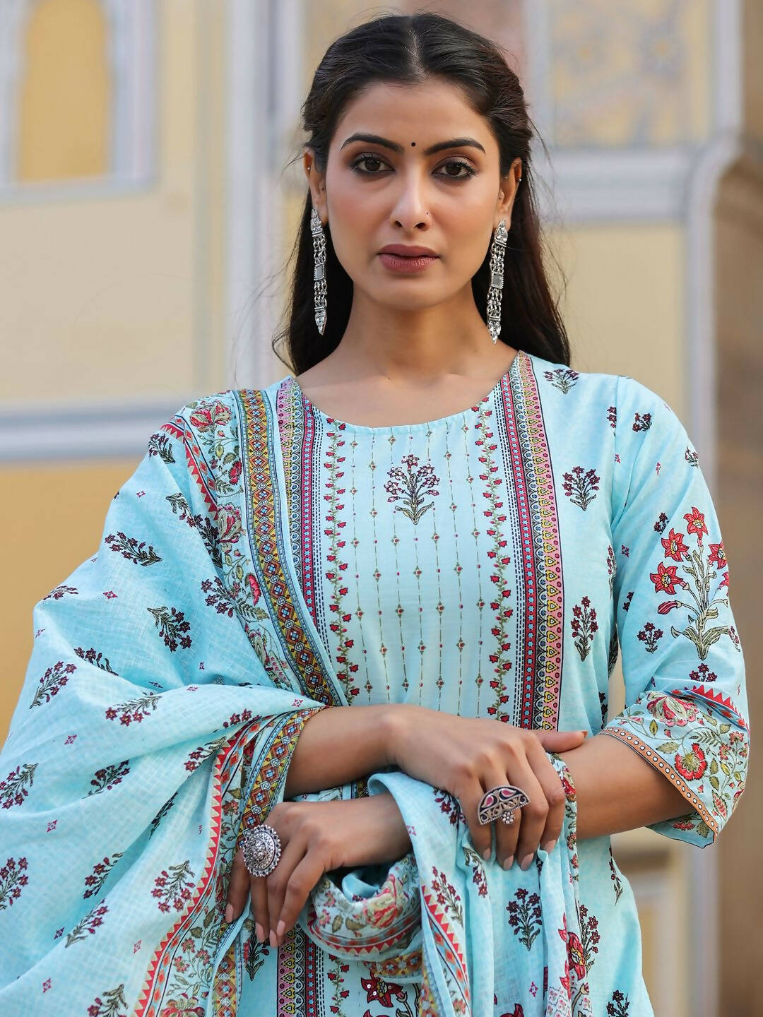 Juniper Women's Skyblue Cambric Floral Placement Printed Straight Fit Kurta Sets | Swadesiicart