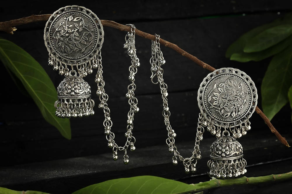 Mominos Fashion Johar Kamal Trendy Oxidized Silver Plated Bahubali Jhumkas - Swadesiicart