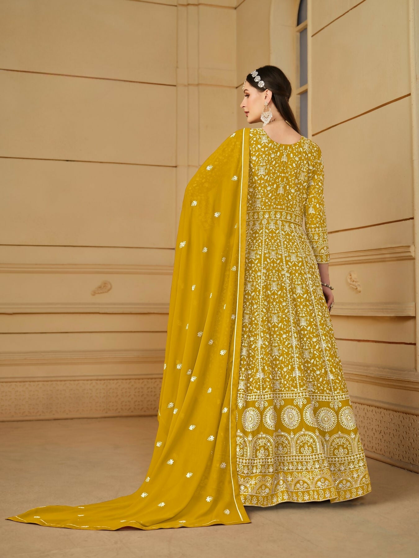 Anaita Yellow Embroidered Faux Georgette Anarkali Suit