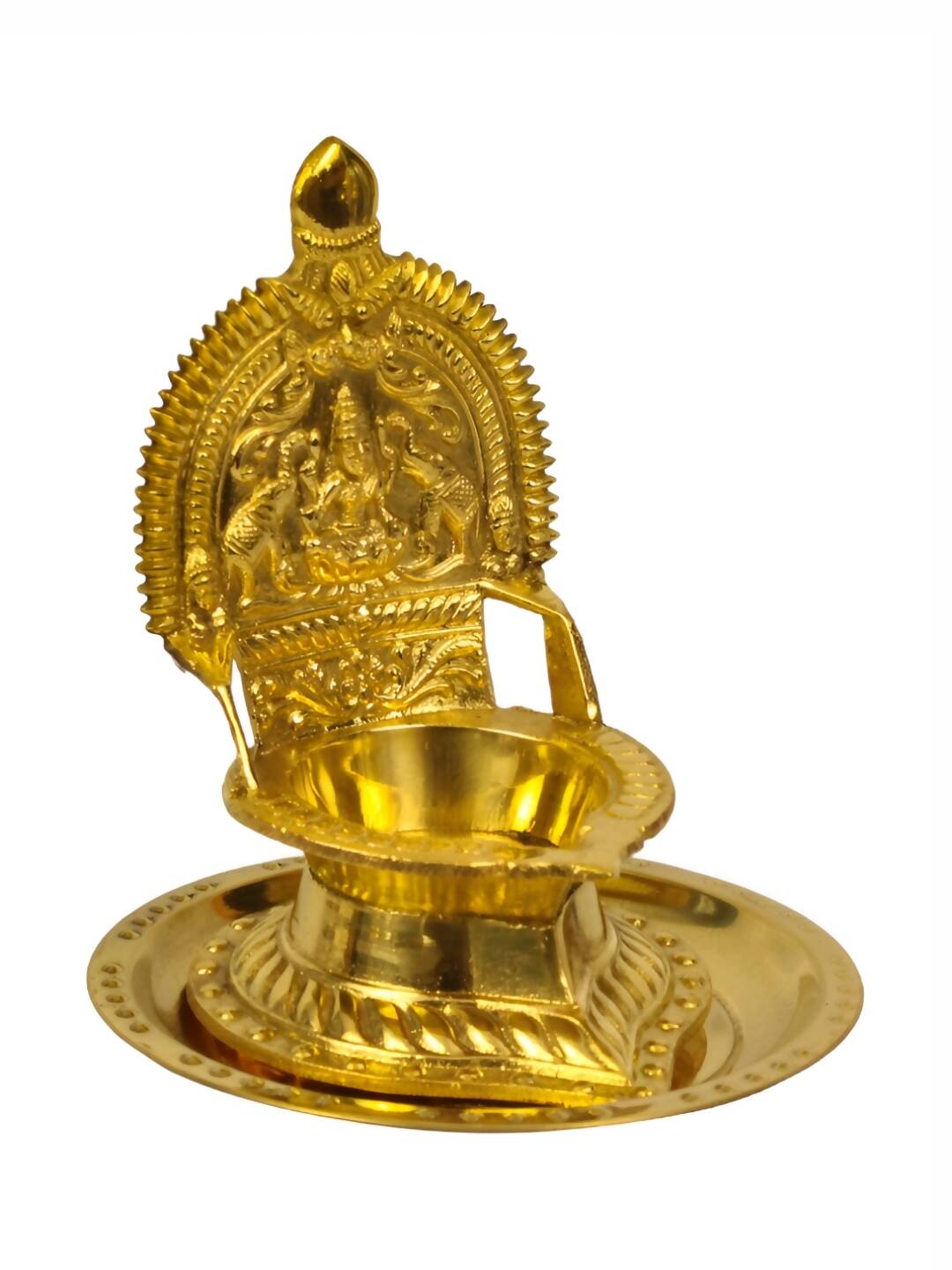 Spillbox Gold Toned Kamachi Diya With Plate Pooja Essentials | Swadesiicart