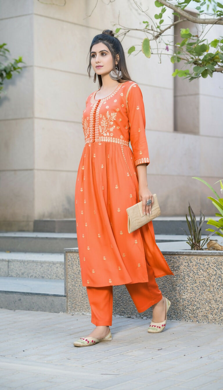BulBul Meenaxi Rust Rayon Kurta Set - Swadesiicart