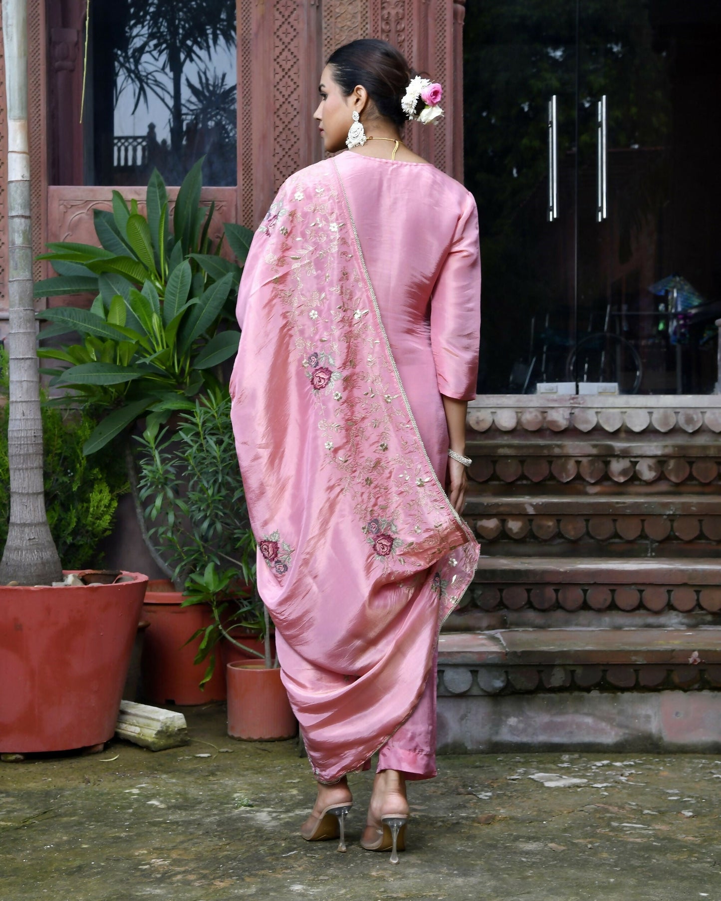 Vaasva Women's Tissue Silk Emboidered Suit Set With Solid Pant & Solid Embroidered Dupatta | Swadesiicart