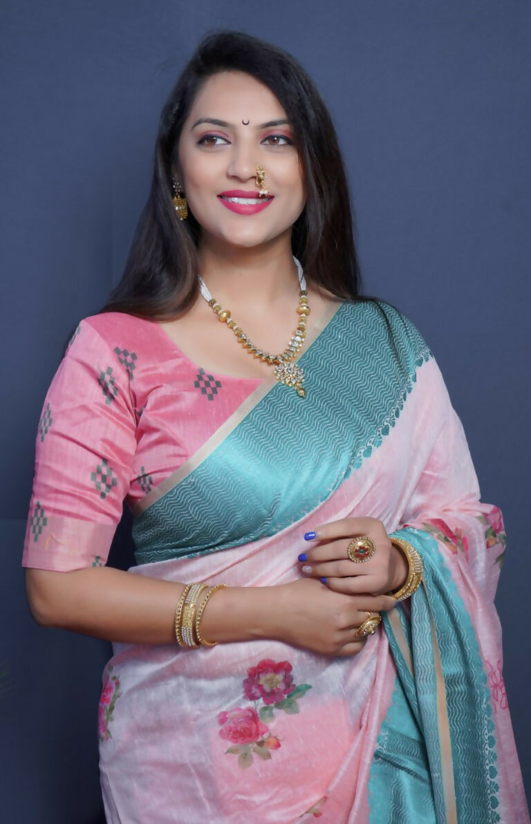 Jyoti Fashion Women's Teal Linen Silk Digital Print with Jacquard Woven Border Saree with Blouse | Swadesiicart
