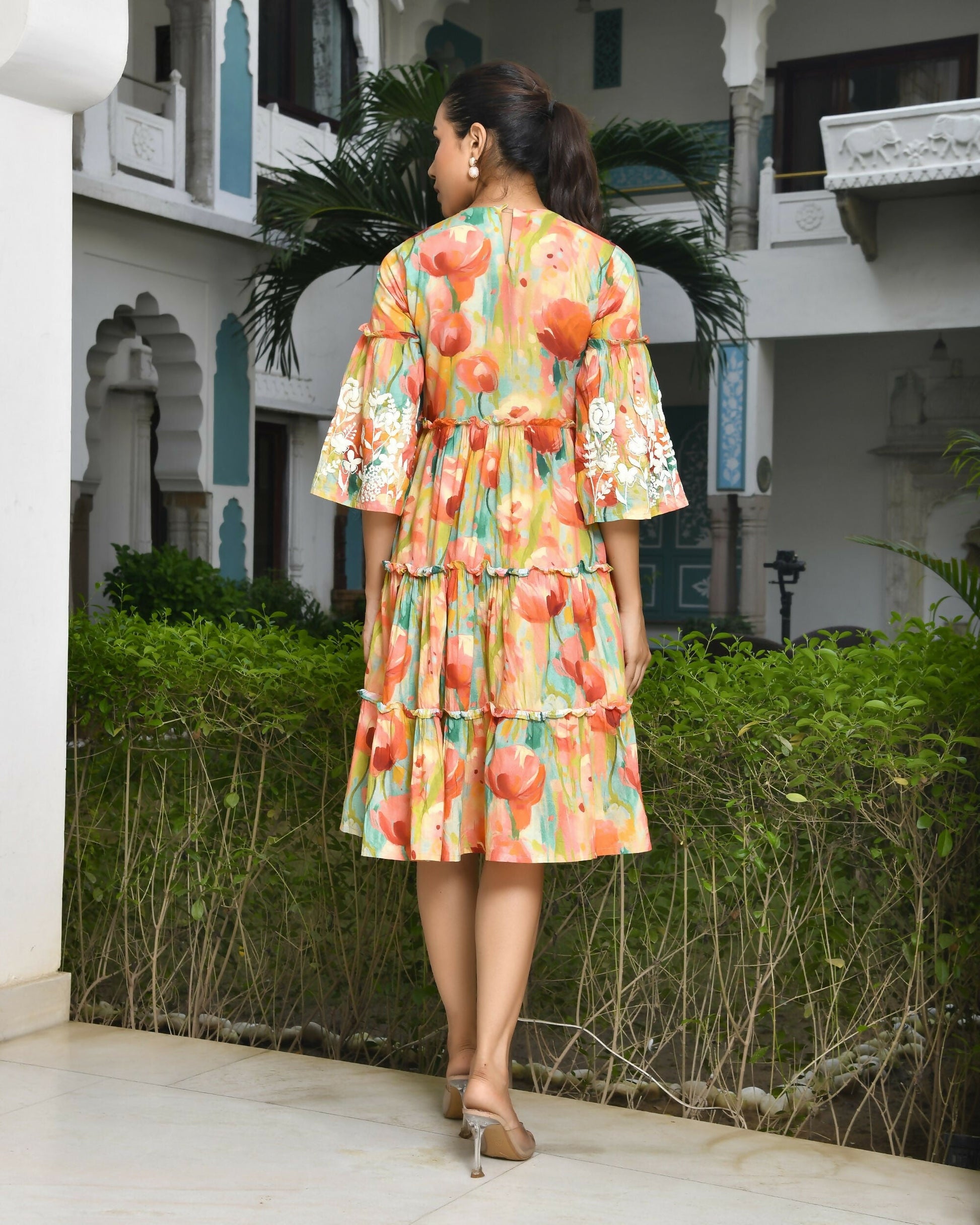 Vaasva Women's Orange Cotton Embroidered& Digital Printed Dress | Swadesiicart