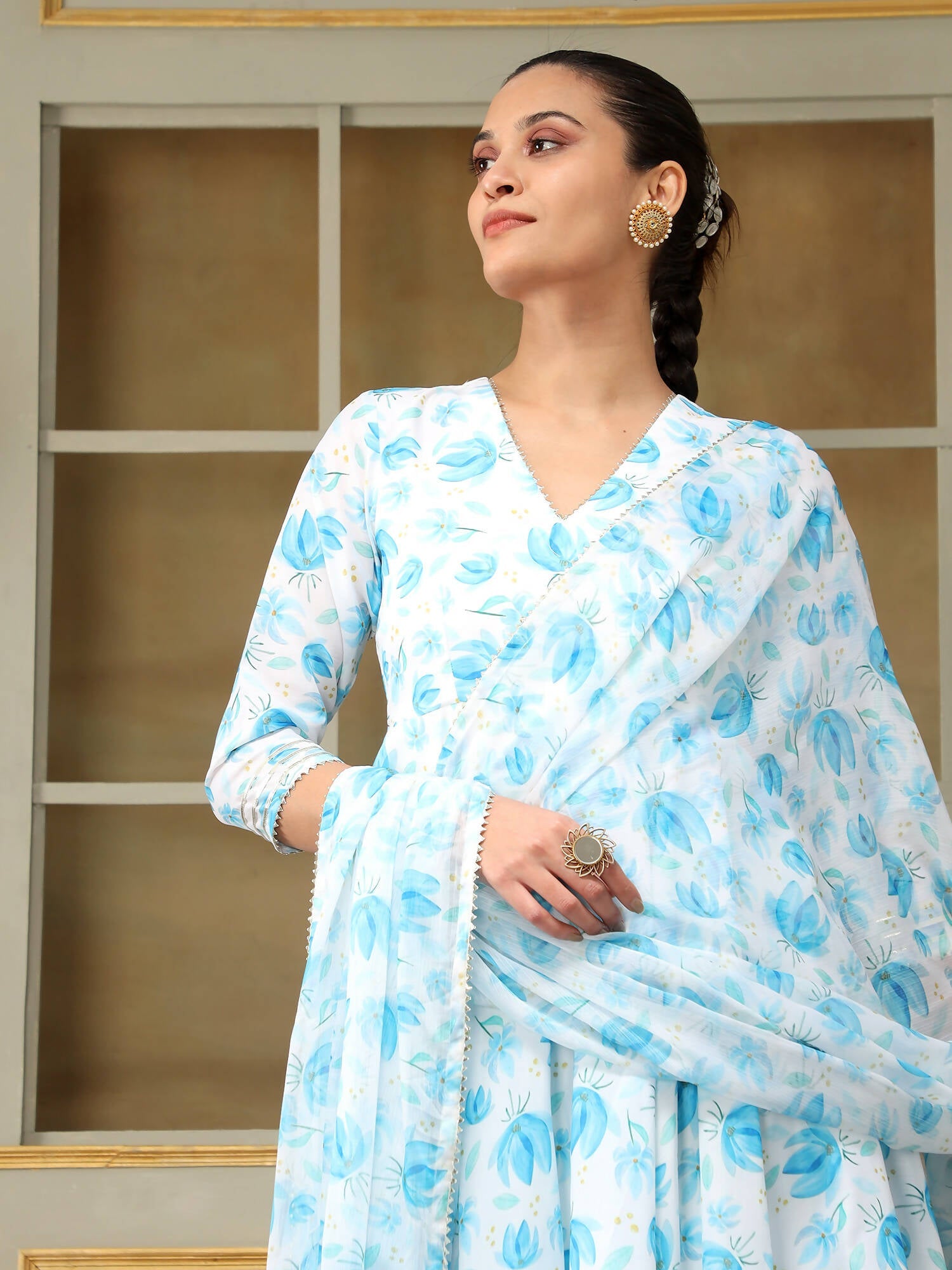 Pomcha Jaipur Blue Saadgi Blue Phool Anarkali Set | Swadesiicart