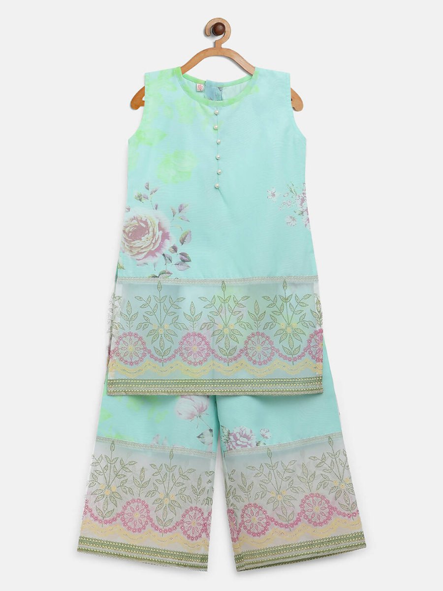 Ahalyaa Aqua Blue Crepe Printed Kids Kurta Palazzo Sets For Girls | Swadesiicart
